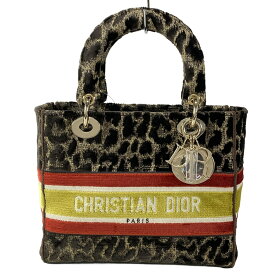 【中古】DIOR/ChristianDior(ディオール/クリスチャンディオール) レディディーライトミディアムバッグ ハンドバッグ ゴールド金具/豹柄 ダークブラウン×ベージュ×マルチ