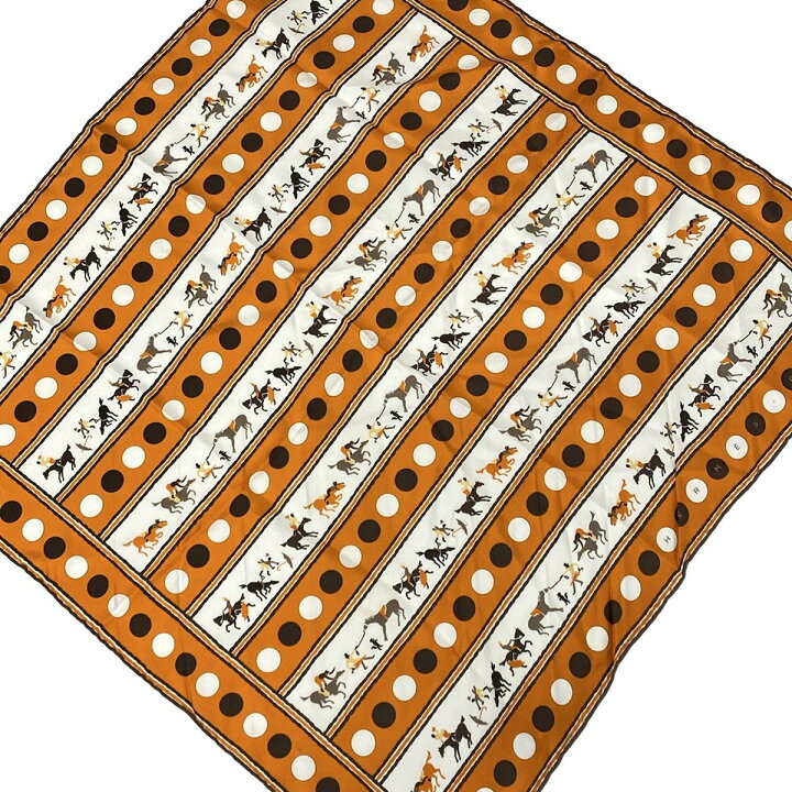 中古】HERMES(エルメス) カレ70 スカーフ 馬柄/ドット柄 オレンジ  