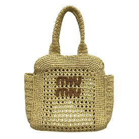 【中古】miumiu(ミュウミュウ) ラフィアエフェクトウーブン トートバッグ ハンドバッグ ベージュ×ダークブラウン