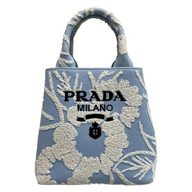 【新着】【中古】PRADA(プラダ) ドリル トートバッグ フラワー ライトブルー×白