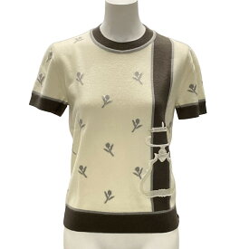 【中古】HERMES(エルメス) 半袖セーター クルーネック/花柄/刺繍 アイボリー×ダークブラウン×グレーベージュ ウール、カシミヤ