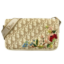 【中古】DIOR/ChristianDior(ディオール/クリスチャンディオール) フラワー ショルダーバッグ 刺繍 ベージュ×アイボリー×マルチ レザー