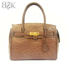 オーストリッチ バーキン型 ハンドバッグ ブラウン系■【中古】