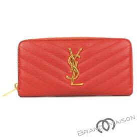 Bランク サンローラン ラウンドファスナー長財布 358094 サンローラン レッド Vステッチ Saint Laurent レディース red 【中古】