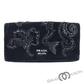 Aランク【プラダ】二つ折り財布/ポーチ/クラッチバッグ/ブラック/ビーズ/ベッチン/レディース/PRADA【中古】