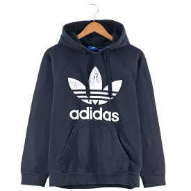 adidas トレフォイルロゴ パーカー Lサイズ ブラック アディダス プルオーバー プリント 三つ葉 【中古】k-0662