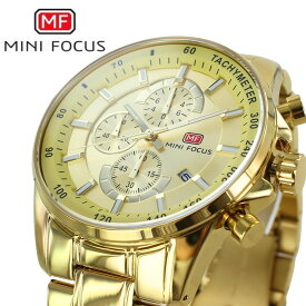 正規品 MINI FOCUS メンズ腕時計 クロノグラフ クォーツ 日付表示 ステンレスバンド かっこいい 腕時計 手表 メンズ ゴールド 金色 高級感 おしゃれ ビジネス カジュアル 誕生日 男性 旦那 彼氏 ギフト 就職祝い クリスマス プレゼント ランキング お祝い