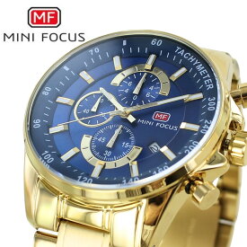 正規品 MINI FOCUS メンズ腕時計 クロノグラフ クォーツ 日付表示 ステンレスバンド かっこいい 腕時計 手表 メンズ ゴールド ネイビーブルー 高級感 おしゃれ ビジネス カジュアル 誕生日 男性 旦那 彼氏 ギフト 就職祝い クリスマス プレゼント ランキング お祝い