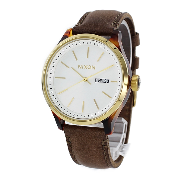 NIXON ニクソン 時計 メンズ 腕時計 The Sentry セントリー デイデイト 42ミリ ゴールド シルバー ブラウン レザー 革ベルト  A12633169 誕生日プレゼント 合格 入学 卒業 社会人 | ブランド腕時計 nopple