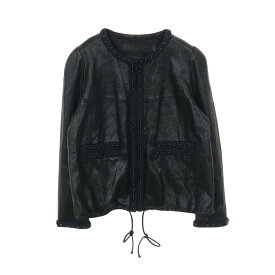 《全品5%クーポン×P2倍》まとめ買い10%OFF｜シャネル CHANEL 革ジャン 衣料品 アウター ラムスキン（羊革） コットン レディース ブラック系 / ネイビー系 【中古】