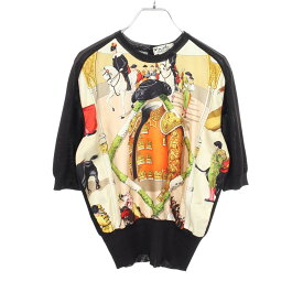 エルメス HERMES PLAZA DE TOROS 切替 半袖 ニット 衣料品 トップス シルク シルク レディース ブラック系 / マルチカラー 【中古】