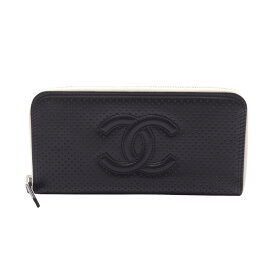 【5％OFFクーポン＆まとめ買い10%OFF対象】シャネル CHANEL ココマーク ラウンド長財布 財布 レザー レディース ブラック系 / ホワイト系 【中古】
