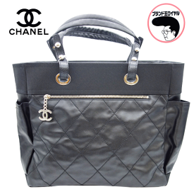 【中古】美品 CHANEL シャネル パリビアリッツトートGM ブラック