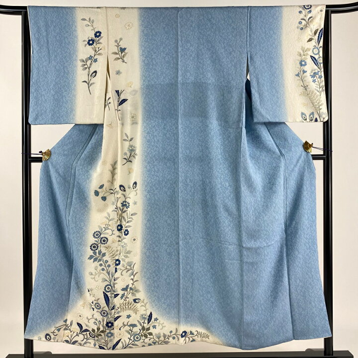 付下げ 身丈156.5cm 裄丈64cm M 単衣 草花 絞り 金彩 抹茶色 正絹 秀品  