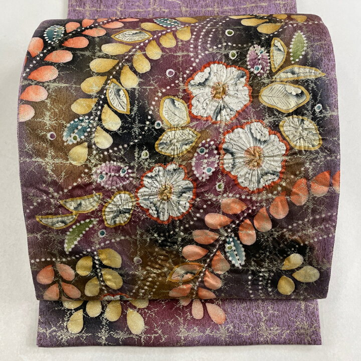 楽天市場】袋帯 美品 名品 落款あり 辻が花 金糸 箔 紫 お太鼓柄 正絹  