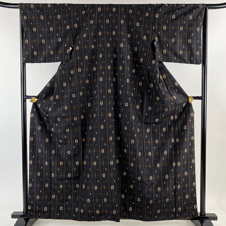 楽天市場】紬 身丈160cm 裄丈66cm M 袷 燕 格子 墨色 正絹 名品 【中古  
