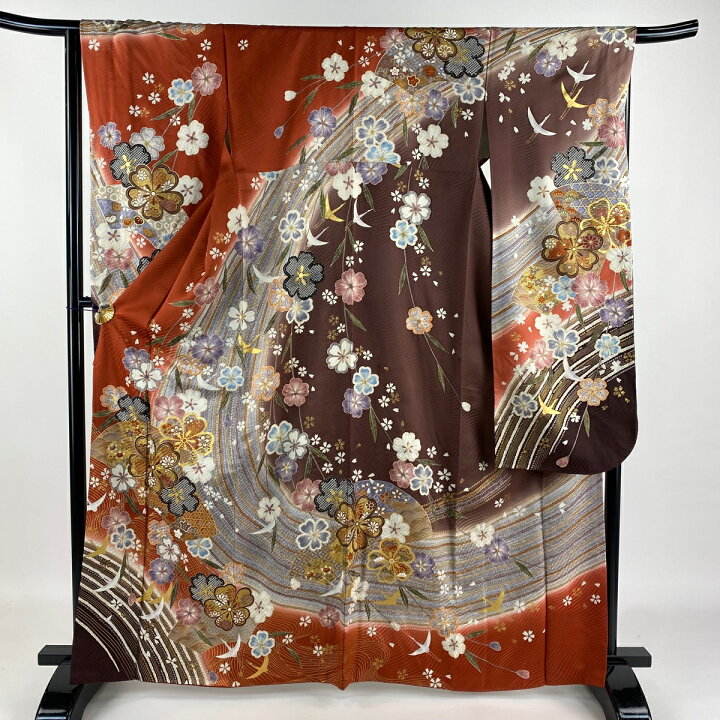 楽天市場】振袖 身丈166cm 裄丈65.5cm M 袷 桜 波 金糸 金彩 茜色 正絹  
