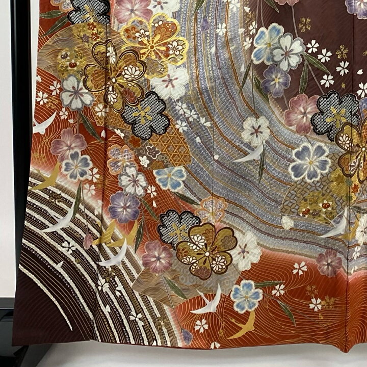 楽天市場】振袖 身丈166cm 裄丈65.5cm M 袷 桜 波 金糸 金彩 茜色 正絹  