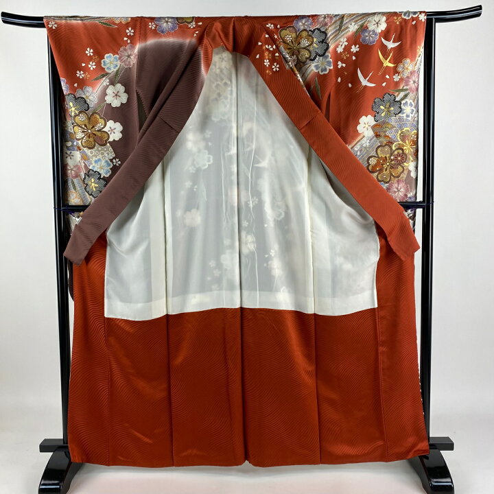 楽天市場】振袖 身丈166cm 裄丈65.5cm M 袷 桜 波 金糸 金彩 茜色 正絹  