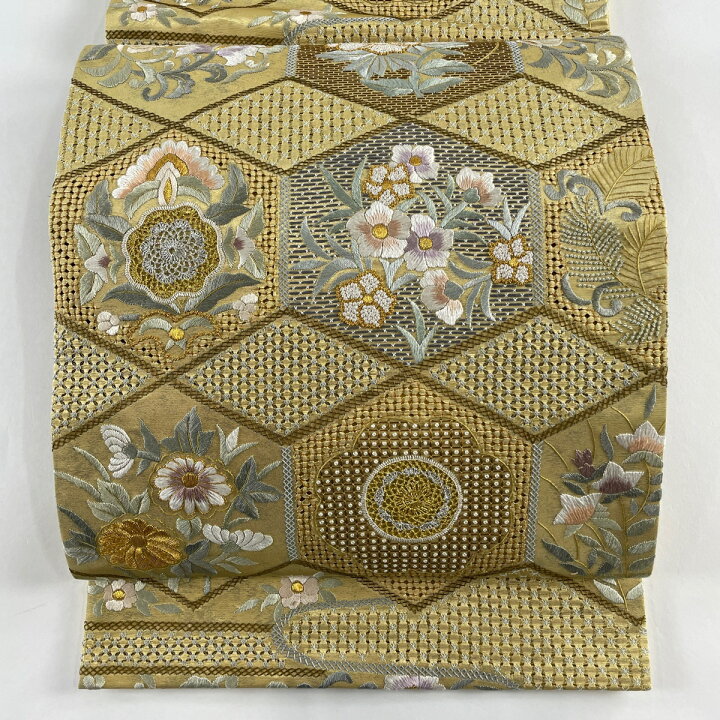楽天市場】袋帯 美品 逸品 やまと 草花 亀甲 金銀糸 刺繍 金色 六通 
