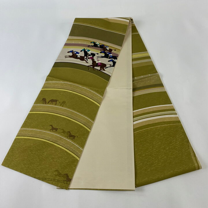 楽天市場】袋名古屋帯 美品 逸品 馬 騎手 鶯色 正絹 【中古  