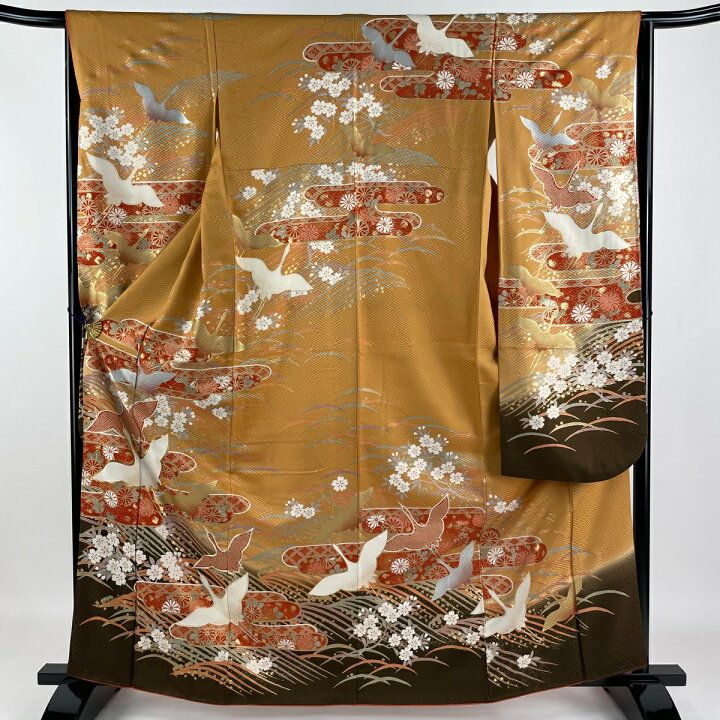 楽天市場】振袖 身丈163cm 裄丈64cm M 袷 鶴 桜 金糸 金銀彩 オレンジ  
