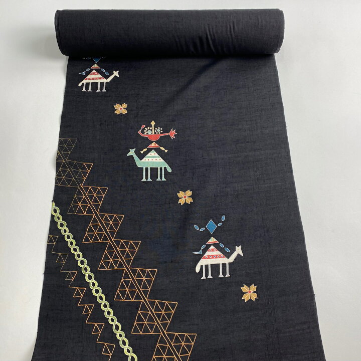 楽天市場】反物 名品 付下げ 夏物 紬地 動物 花 黒 正絹 【中古  