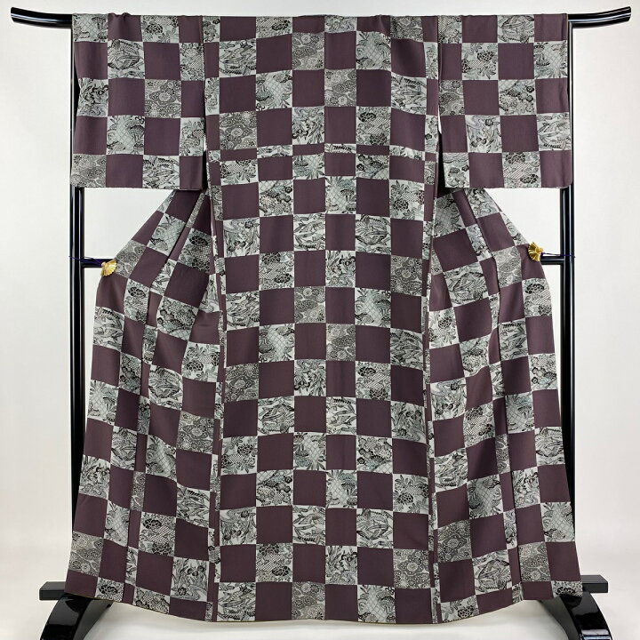楽天市場】小紋 身丈162.5cm 裄丈67cm M 袷 市松 花鳥 紫 正絹 美品 秀 