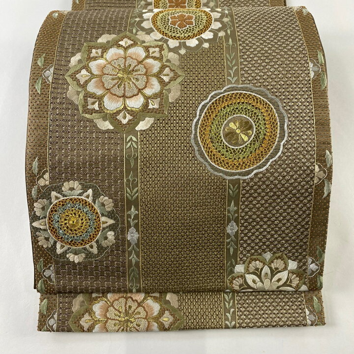 楽天市場】袋帯 美品 逸品 華文 刺繍 金糸 黄土色 六通 正絹 【中古  