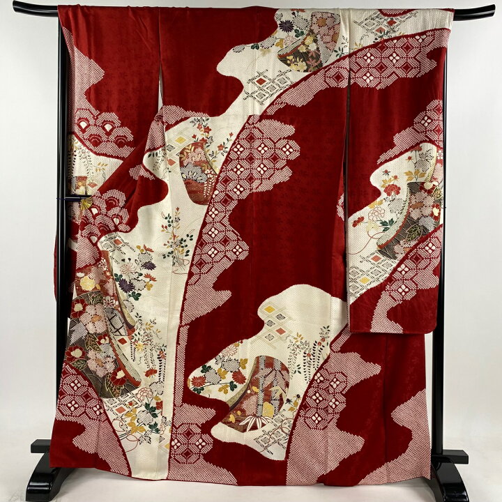 楽天市場】振袖 身丈168.5cm 裄丈69cm L 袷 誰が袖 草花 絞り 金彩 赤  