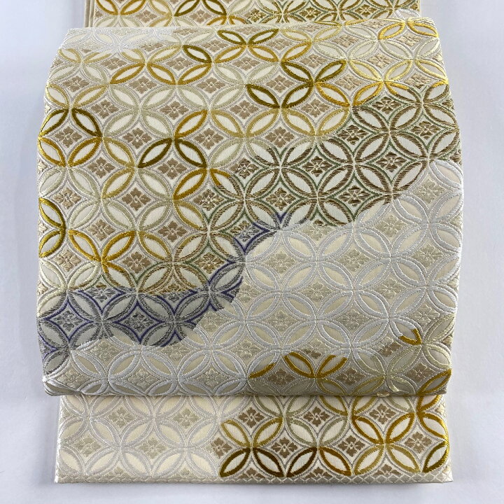 楽天市場】袋帯 名品 七宝繋ぎ 唐織 金銀糸 ベージュ 六通 正絹 【中古 