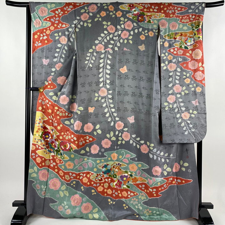 振袖 身丈168cm 裄丈67cm M 袷 松井青々 落款 菊 桜 金彩 絞り 灰色  