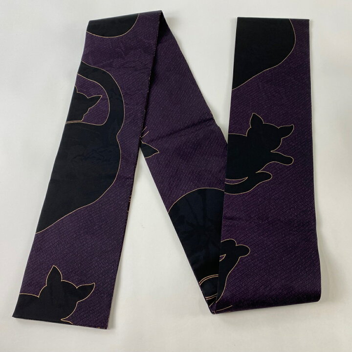 楽天市場】半幅帯 美品 逸品 黒猫 地紋 金彩 紫 正絹 【中古  