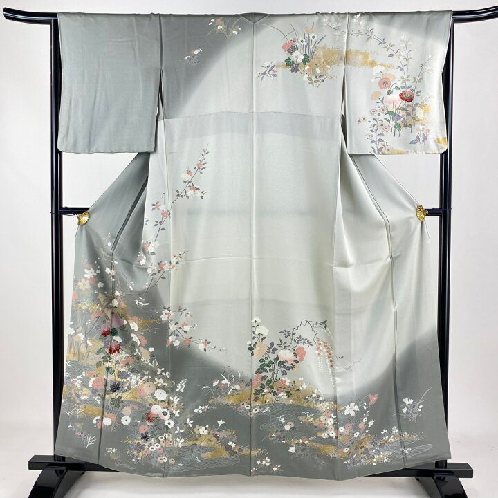 訪問着 身丈161.5cm 裄丈65cm M 薄物 縦絽 鯉 霞 金銀彩 染め分け 青  
