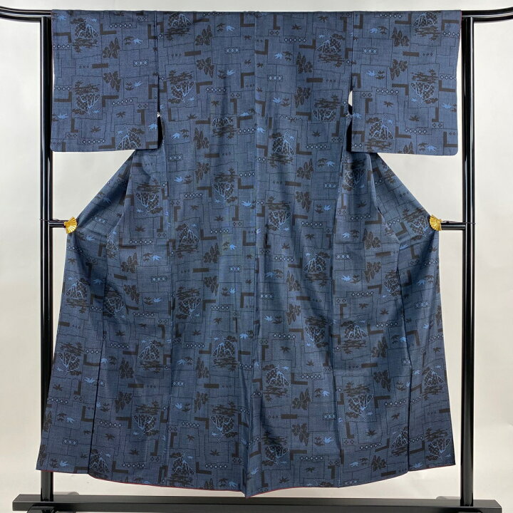 紬 身丈164.5cm 裄丈63.5cm S 袷 縦縞 変わり市松 山吹色 正絹 美品  