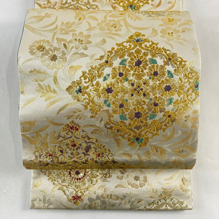 楽天市場】袋帯 美品 名品 花唐草 菱 箔 ベージュ 六通 正絹 【中古  