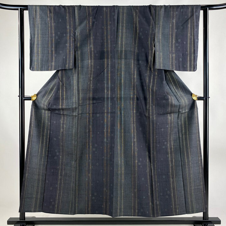 紬 身丈159cm 裄丈68cm L 袷 袋帯セット ますいわ屋 亀甲 唐草 紺色