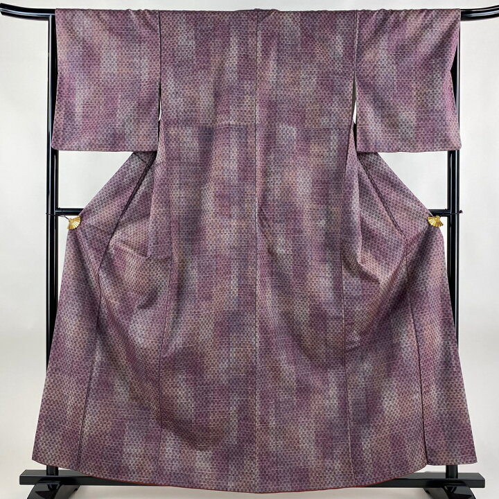 楽天市場】紬 身丈160cm 裄丈66cm M 袷 変わり市松 縞 赤紫 正絹 美品 