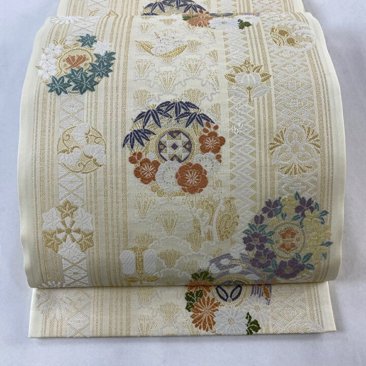 楽天市場】袋帯 美品 名品 花丸文 宝尽くし 刺繍 金糸 ベージュ 六通 
