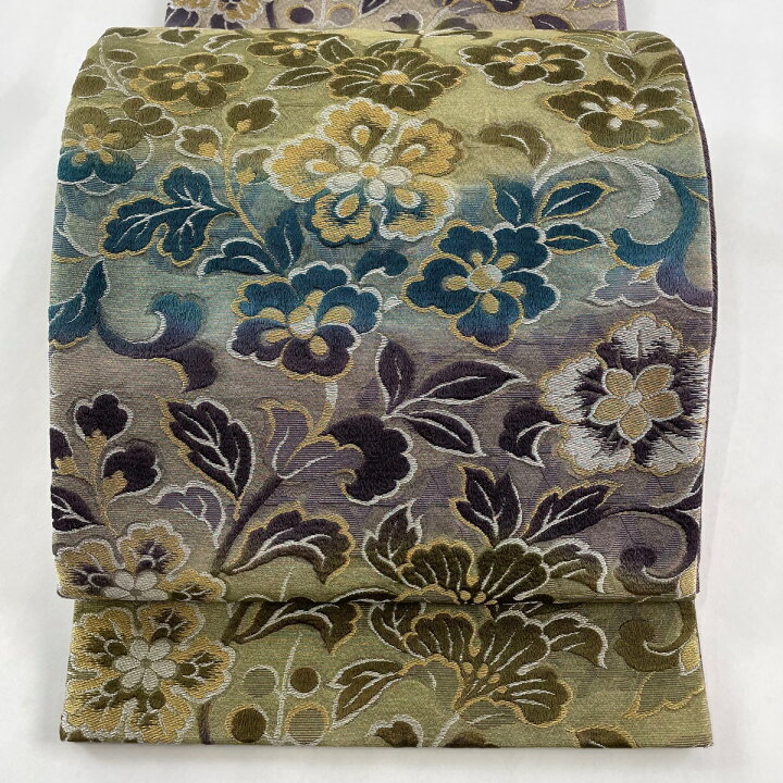 楽天市場】袋帯 美品 名品 草花 段ぼかし 金銀糸 茶緑色 六通 正絹 
