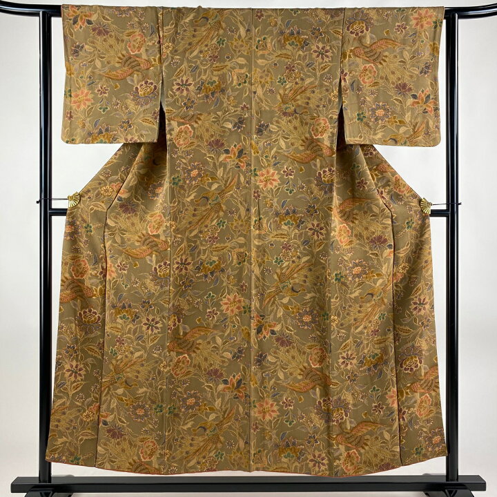 楽天市場】小紋 身丈151cm 裄丈61.5cm S 袷 草花 鳥 縮緬 黄土色 正絹 