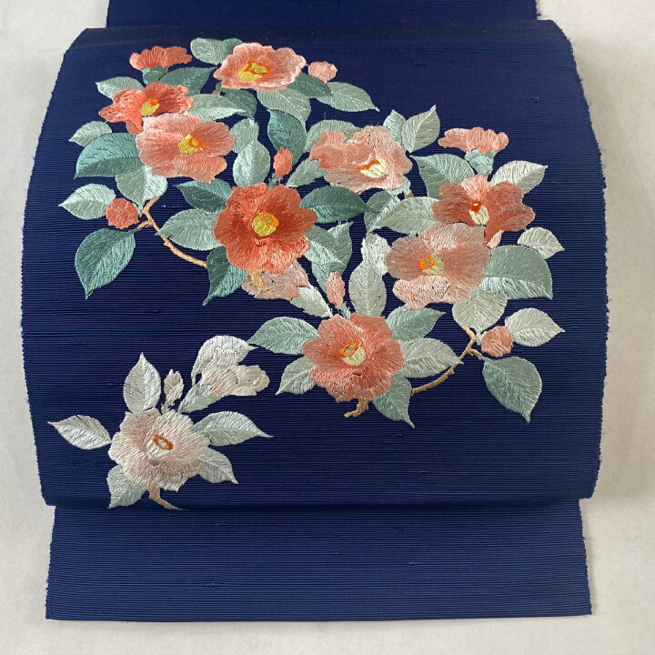 楽天市場】名古屋帯 優品 八寸名古屋帯 松葉仕立て 椿 刺繍 紺色 正絹 