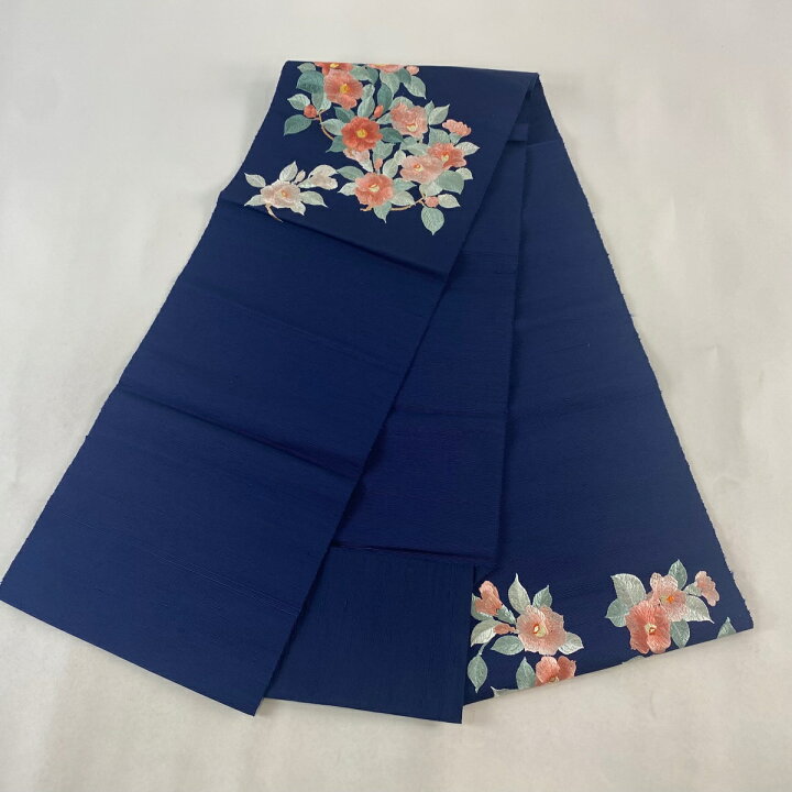 楽天市場】名古屋帯 優品 八寸名古屋帯 松葉仕立て 椿 刺繍 紺色 正絹 