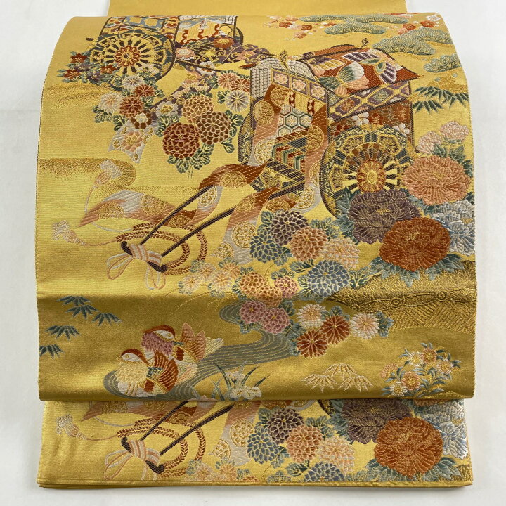 楽天市場】袋帯 美品 秀品 御所車 松竹梅 金糸 箔 金色 お太鼓柄 正絹 