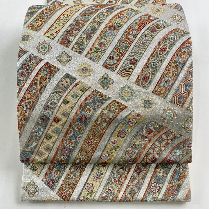 楽天市場】袋帯 秀品 花鳥 華文 金糸 箔 銀色 六通 正絹 【中古 