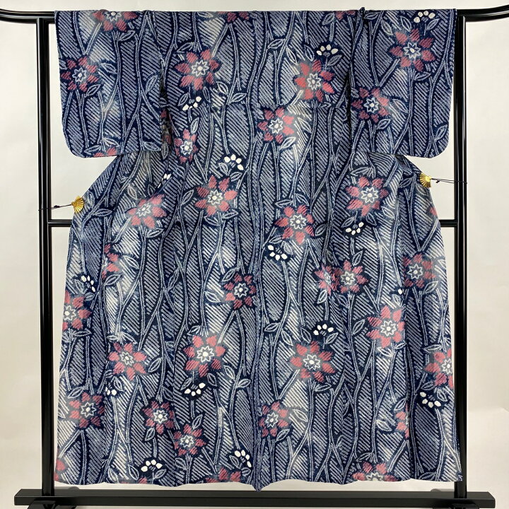 浴衣 身丈160cm 裄丈65cm M 絞り浴衣 麻の葉 えんじ色 綿 名品 【中古  