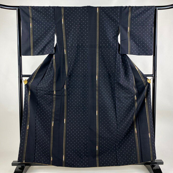 お召 身丈159cm 裄丈64cm M 袷 斜め格子 黒 イエロー 正絹 美品 逸品 【 