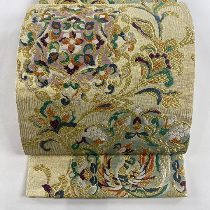 袋帯 綴れ織 高級 金銀糸 金通し ベージュ 鳳凰 草花 丸 新古品 kp960 