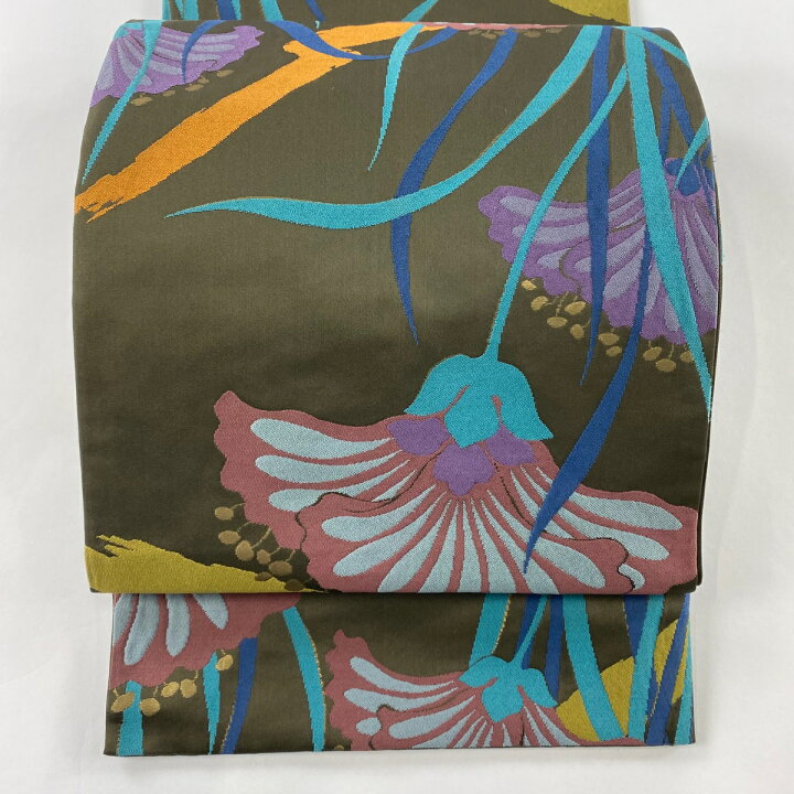 楽天市場】袋帯 逸品 辻村ジュサブロー 落款あり 草花 箔 焦茶色 全通  