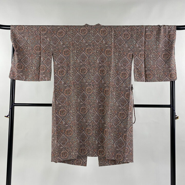 道中着 身丈95.5cm 裄丈67cm M 和装コート 草花 灰茶 正絹 逸品 中古  